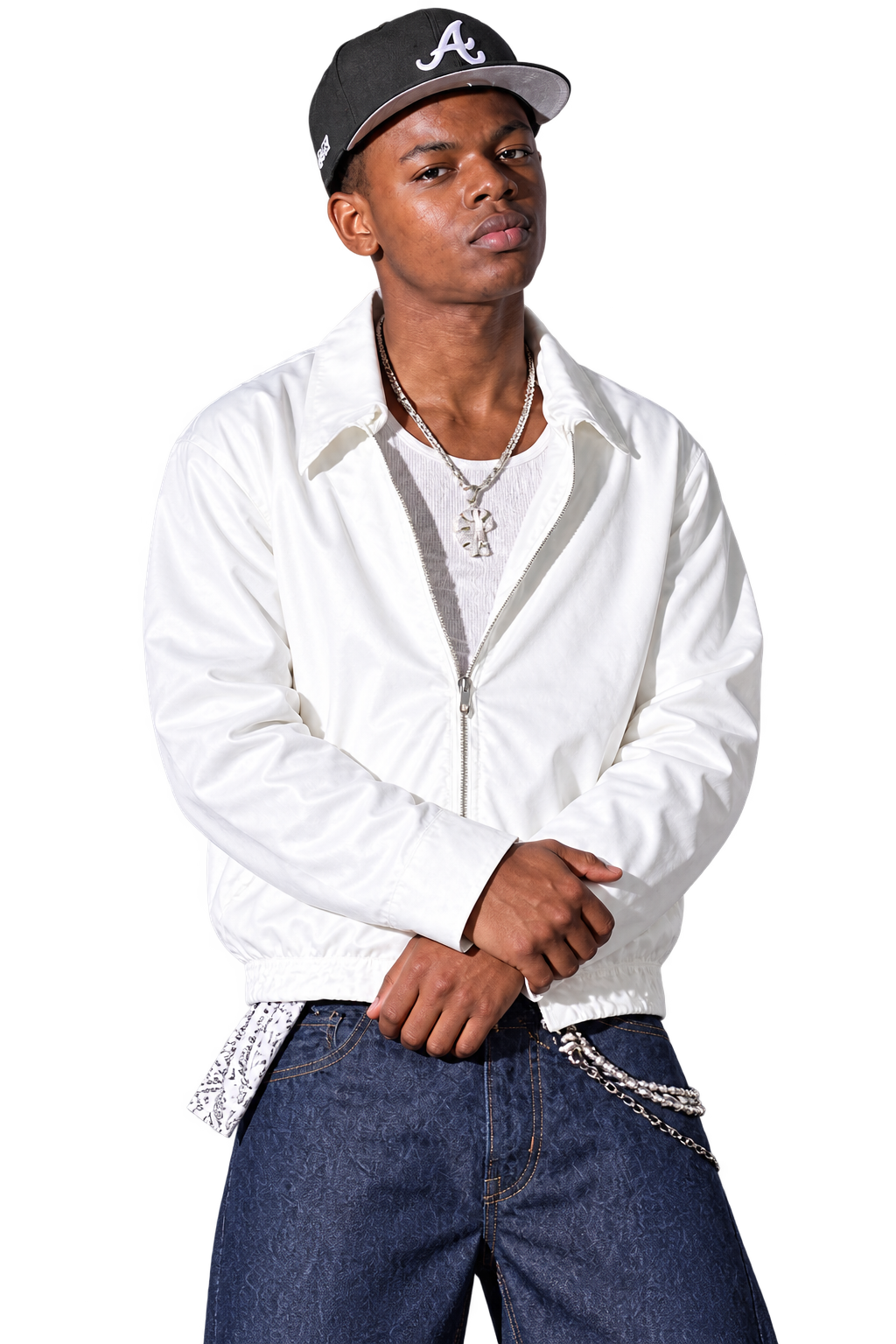 RAJA in a white jacket and Atlanta cap